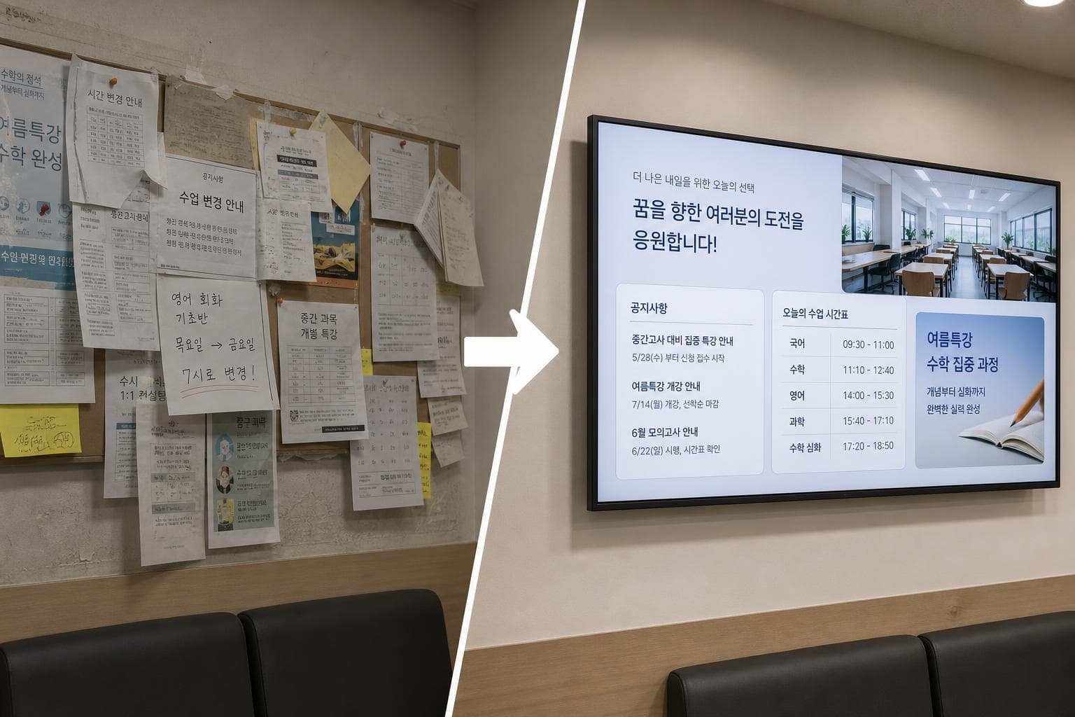 종이 공지 게시판과 디지털 전광판으로 바뀐 학원 대기실
