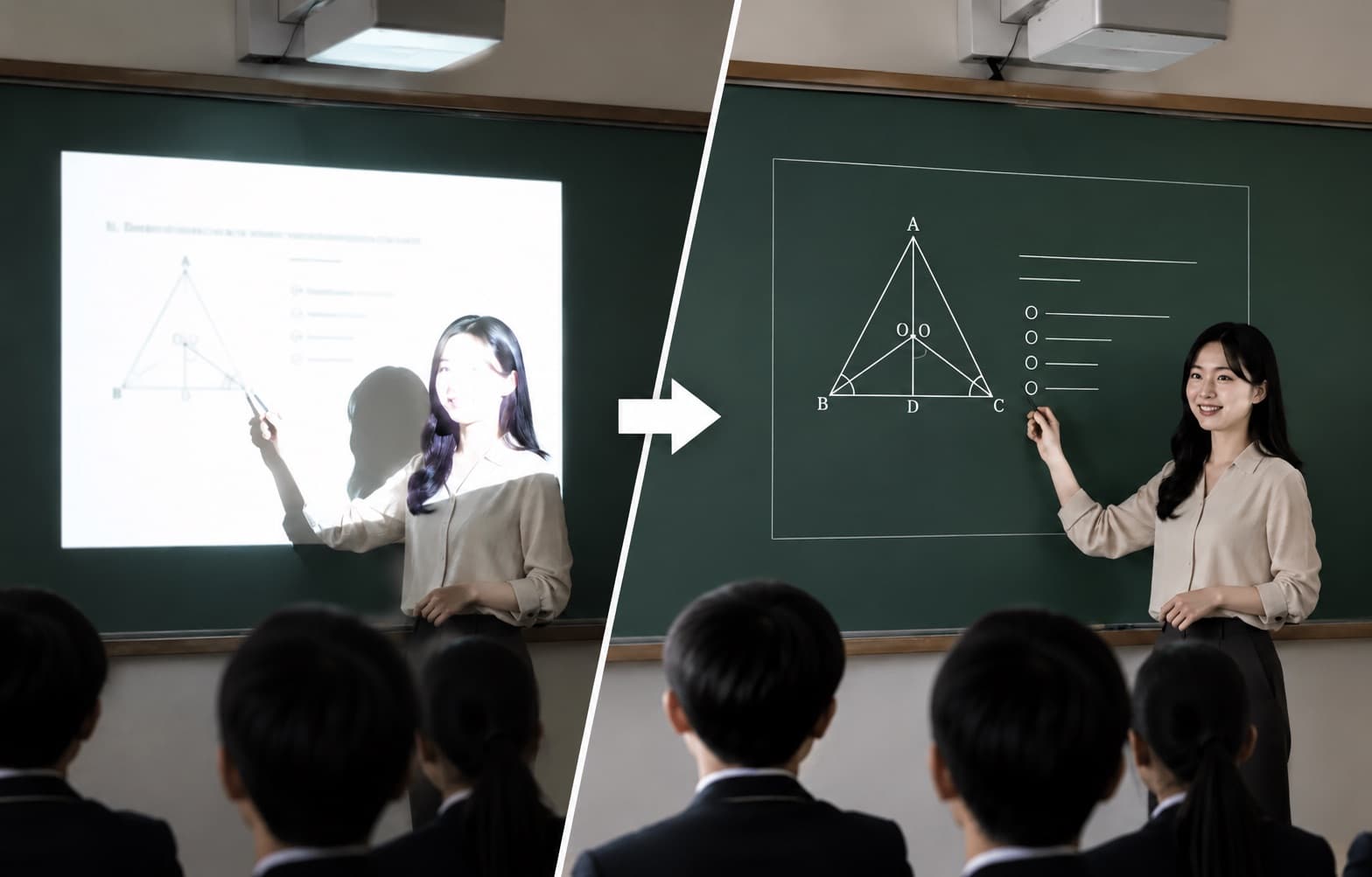 빔 프로젝터로 하얗게 번지는 기존 수업과 아카데밍 스케치로 선명해진 수업 비교