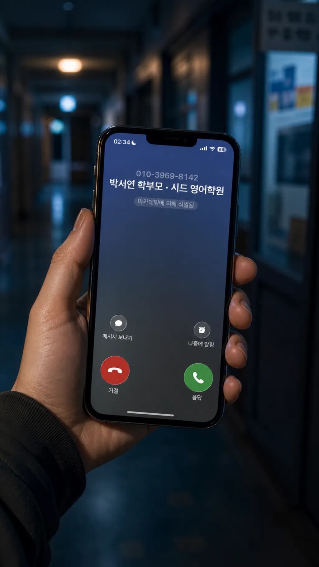 복도에서 학부모 전화가 온 휴대폰을 확인하는 모습