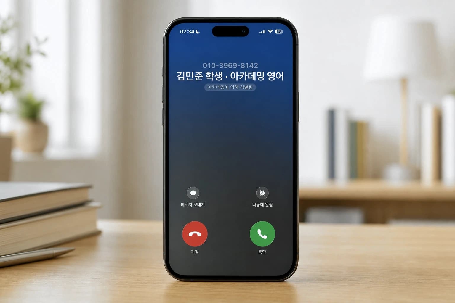 학생 이름이 표시된 휴대폰 수신 화면
